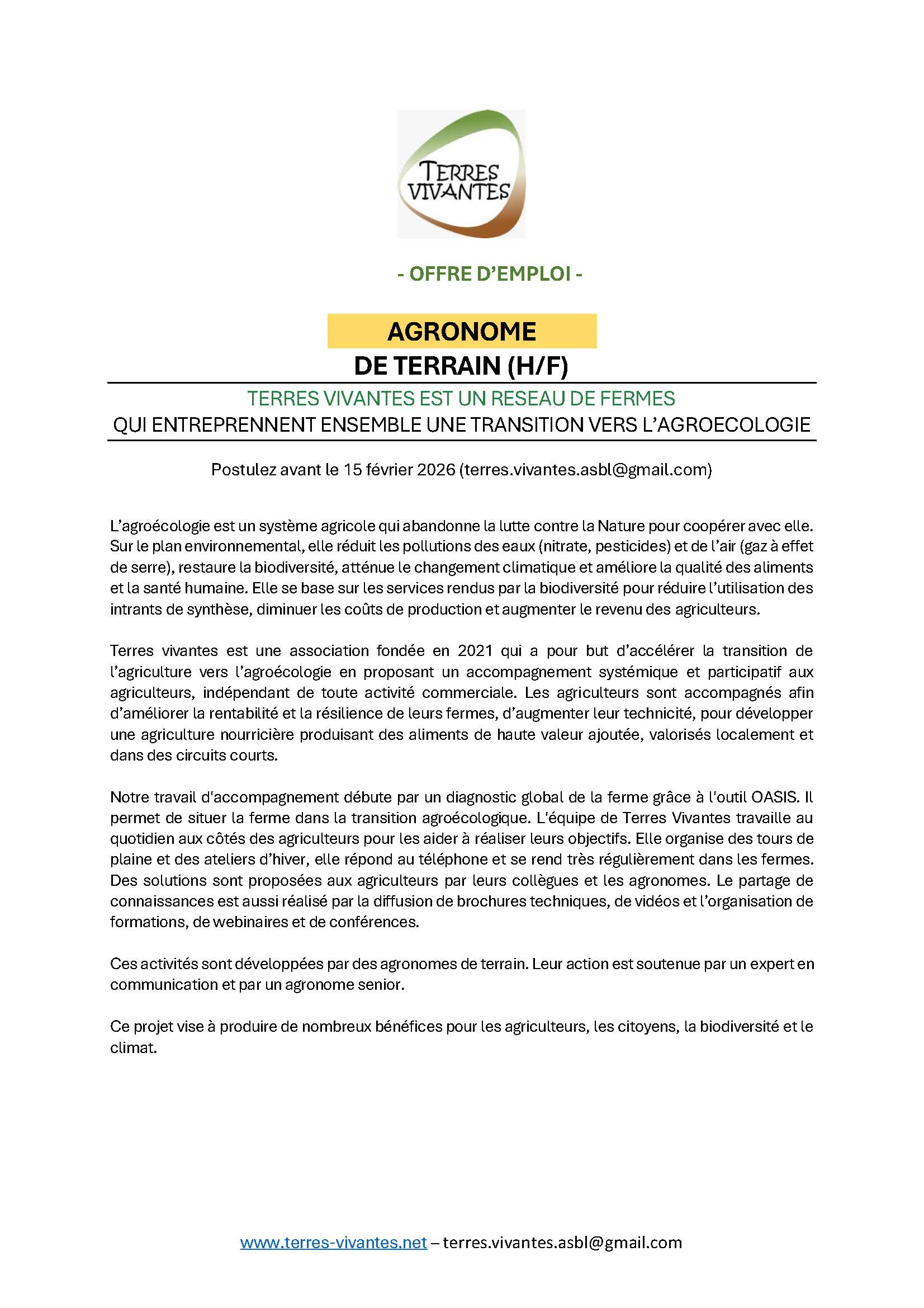 Offre d'emploi : agronome de terrain