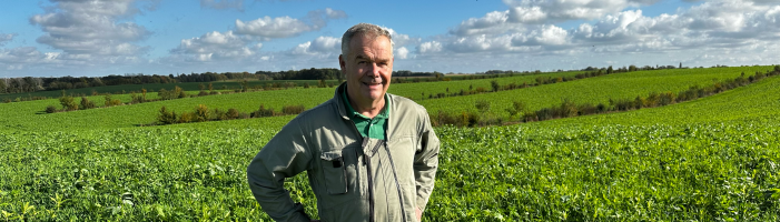 Claude Henricot, pionnier de l'agroécologie et Ferme Phare Agroécologique de Terres Vivantes, au milieu de ses couverts diversifiés, avec ses parcelles d'agroforesterie derrière lui